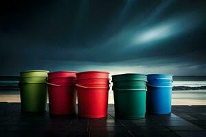 five colorful buckets sit on a tiled floor in front of the ocean. AI-Generated photo