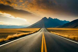 a long road in the middle of a desert with mountains in the background. AI-Generated photo