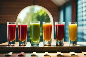 five different colored juices are lined up on a table. AI-Generated photo