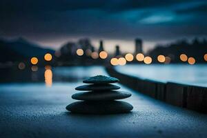 a stack of rocks sitting on the shore of a lake. AI-Generated photo