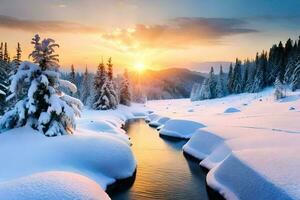 a river runs through a snowy forest at sunset. AI-Generated photo