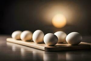 six eggs on a wooden cutting board. AI-Generated photo