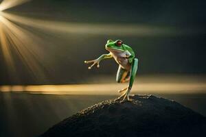 a frog jumping on top of a rock. AI-Generated photo