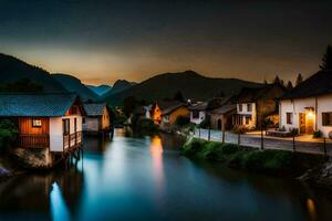 a river runs through a village at night. AI-Generated photo