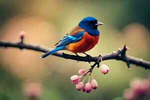 a blue and orange bird sits on a branch. AI-Generated photo