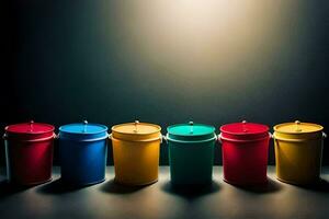 a row of colorful containers with candles in them. AI-Generated photo