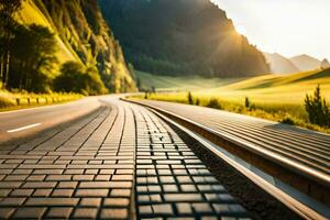 a road with a brick path in the middle of a field. AI-Generated photo