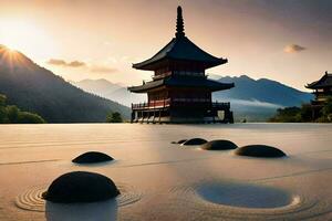 a pagoda sits in the middle of a field with rocks. AI-Generated photo