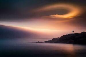 un hombre soportes en un rock en frente de un grande nube. generado por ai foto