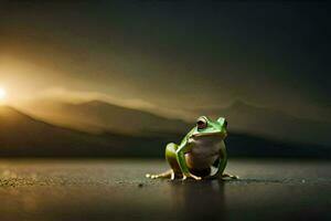 a frog sitting on the ground in front of a sunset. AI-Generated photo