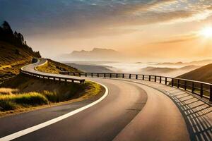 a winding road with the sun setting behind it. AI-Generated photo