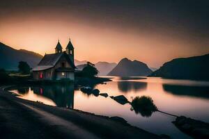 photo wallpaper the sky, mountains, lake, church, sunset, the church, the lake,. AI-Generated