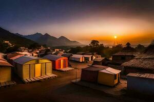 the sun sets over a village of huts. AI-Generated photo