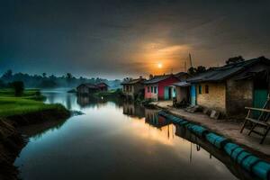 un río en el medio de un pueblo a puesta de sol. generado por ai foto