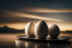 three eggs on a plate with a sunset in the background. AI-Generated photo