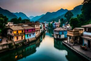 a river in a village at sunset with houses on either side. AI-Generated photo