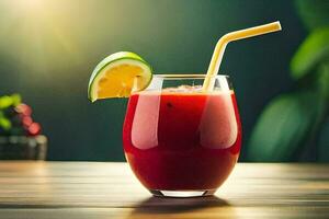 a glass of red juice with a straw. AI-Generated photo