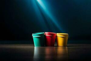 three colorful buckets on a dark floor. AI-Generated photo