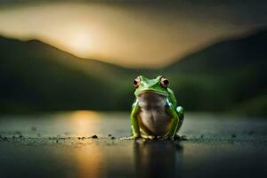 un rana sentado en el suelo en frente de un puesta de sol. generado por ai foto