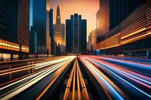 a city street with light trails of cars. AI-Generated photo