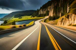 a long exposure photograph of a road with mountains in the background. AI-Generated photo