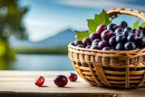 grapes in a basket on a table. AI-Generated photo