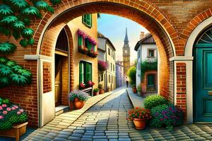 an illustration of a street with a brick archway. AI-Generated photo