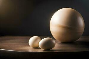 two eggs and a large egg sit on a table. AI-Generated photo