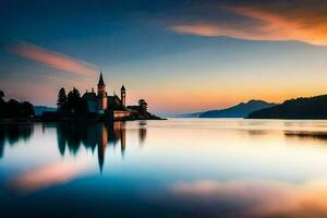 a beautiful sunset over lake bled. AI-Generated photo