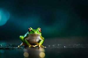 a frog sitting on the ground with a blurry background. AI-Generated photo