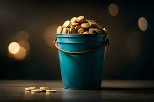 a bucket of coins on a table. AI-Generated photo