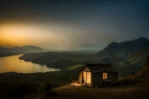 a small hut sits on top of a mountain overlooking a lake. AI-Generated photo