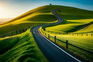 el la carretera a el puesta de sol. generado por ai foto