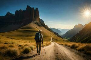 a man with backpack and trek poles walking on a dirt road in the mountains. AI-Generated photo