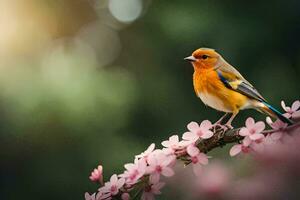 a bird is perched on a branch with pink flowers. AI-Generated photo