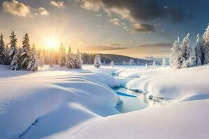 foto fondo de pantalla el cielo, nieve, árboles, río, sol, árboles, río, el Dom. generado por ai