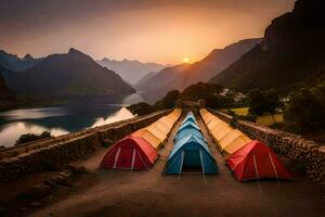 tents in the mountains at sunset. AI-Generated photo