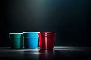 three red and blue plastic cups on a dark table. AI-Generated photo