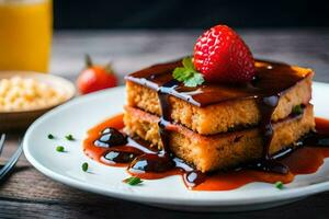 a plate with a stack of pancakes and strawberries. AI-Generated photo