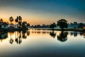 sunset over a river with palm trees and houses. AI-Generated photo