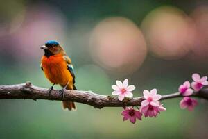 un vistoso pájaro se sienta en un rama con rosado flores generado por ai foto