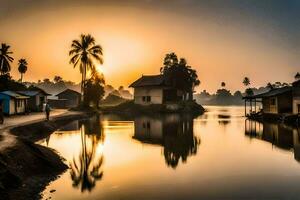 un río con casas y palma arboles a puesta de sol. generado por ai foto