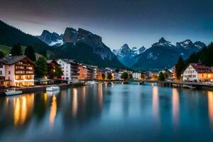 el pueblo de Suiza es iluminado arriba a noche. generado por ai foto