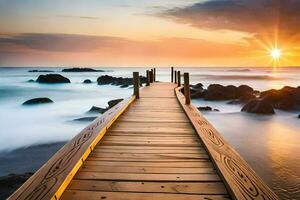 a wooden boardwalk leads to the ocean at sunset. AI-Generated photo