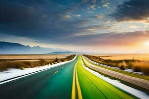 un largo la carretera con un puesta de sol en el antecedentes. generado por ai foto