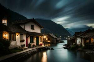 photo wallpaper the sky, mountains, water, the dark, the river, the village, the. AI-Generated