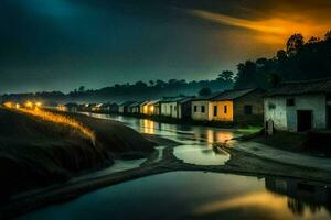 a river runs through a village at night. AI-Generated photo