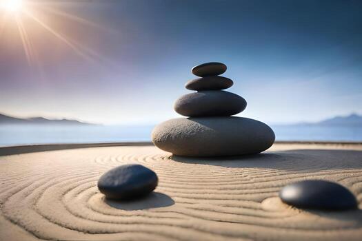 un apilar de piedras en el arena con el Dom brillante. generado por ai foto