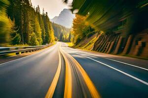 un borroso imagen de un la carretera con arboles y montañas. generado por ai foto