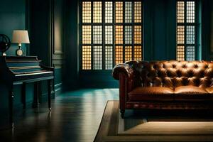 a leather couch in a dark room with windows. AI-Generated photo